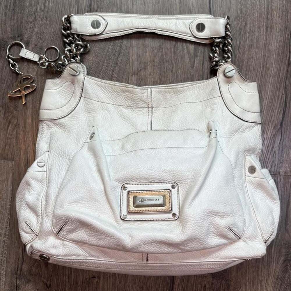 B. Makowsky White Leather Shoulder Bag with Chain Strap